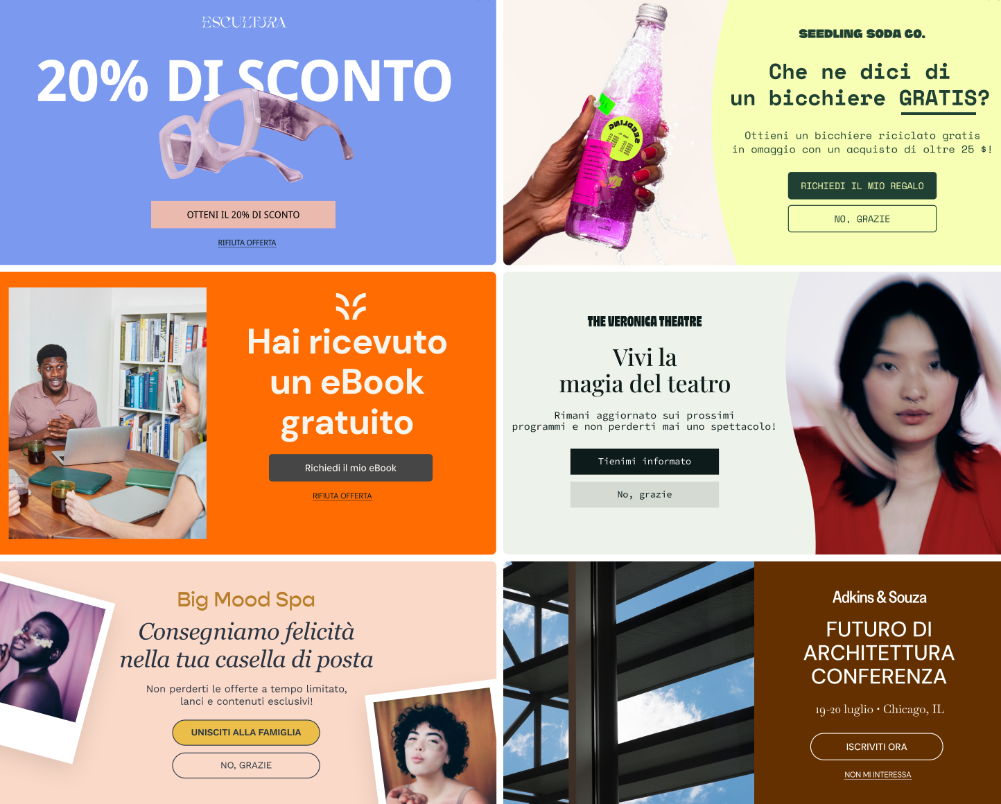 Sei esempi immaginari di moduli pop-up che mostrano più template, fotografie e schemi di colore per sei brand fittizi. I moduli pop-up promuovono sconti, omaggi, mailing list e RSVP per eventi per incoraggiare le iscrizioni.