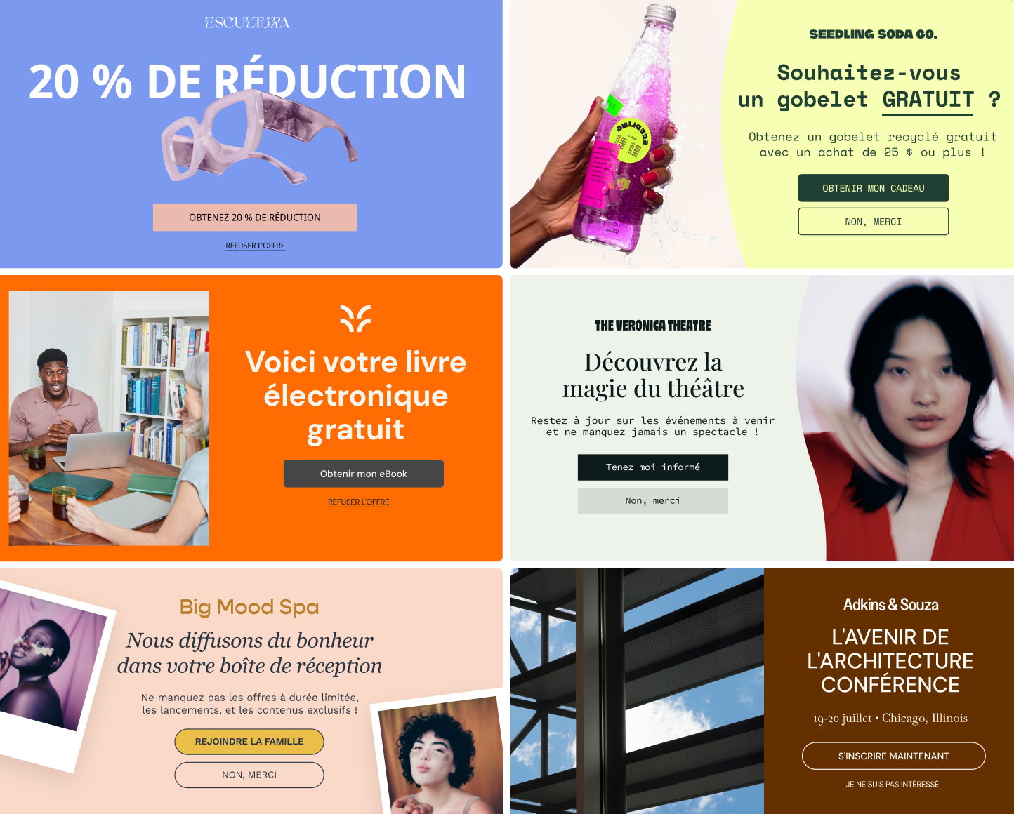 Six exemples de formulaires contextuels, illustrant divers modèles, photographies et palettes de couleurs pour six marques fictives. Les formulaires contextuels font la promotion de différents éléments pour encourager les inscriptions : réductions, cadeaux gratuits, listes de diffusion et confirmation de participation à des événements