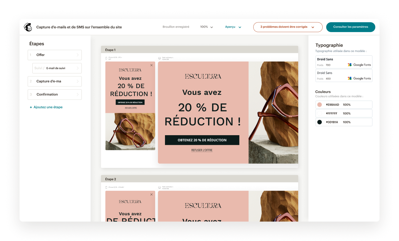 Capture d'écran de l'application Mailchimp montrant le Créateur de formulaire, avec plusieurs options de police, le parcours client et des outils de conception faciles à utiliser.
