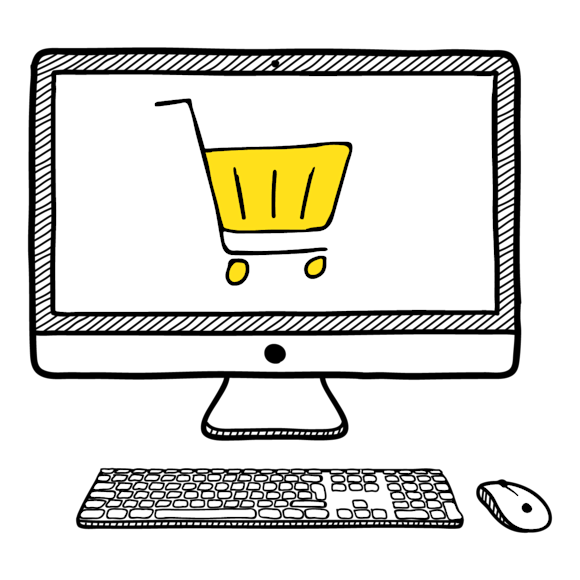 Hand-drawn desktop computer with keyboard and mouse displaying yellow shopping cart icon on screen, representing online shopping