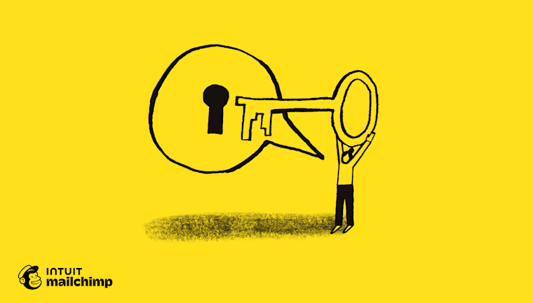 Illustration of stick figure holding large key up to keyhole on yellow background, with Mailchimp logo at bottom