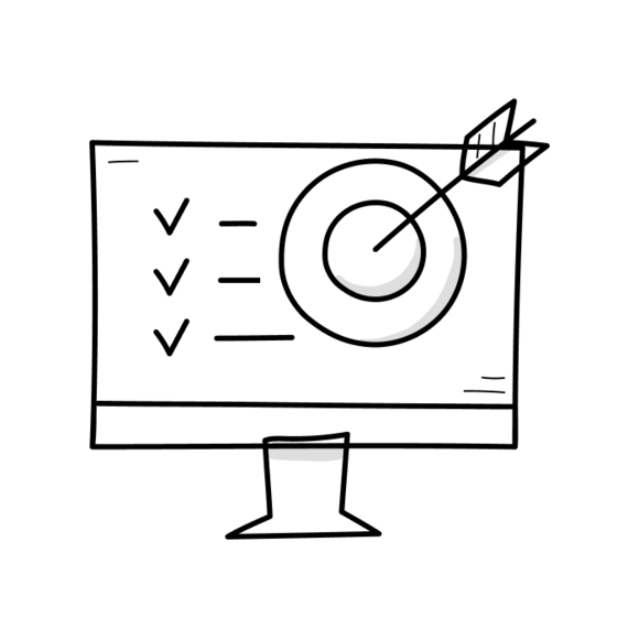 a line sketch of a computer monitor with a bullseye and checklist 